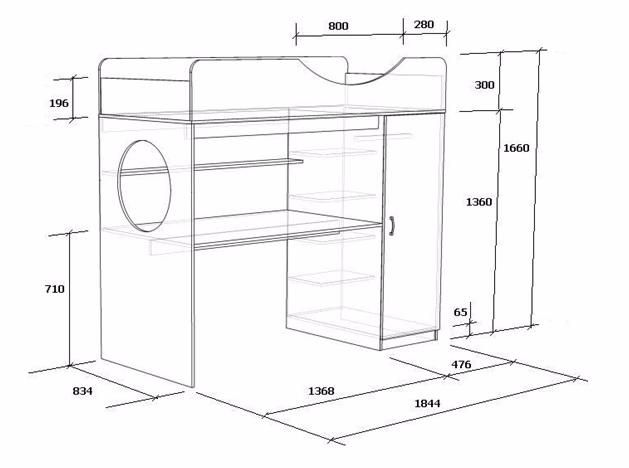 Чертеж детской кровати чердака с размерами
