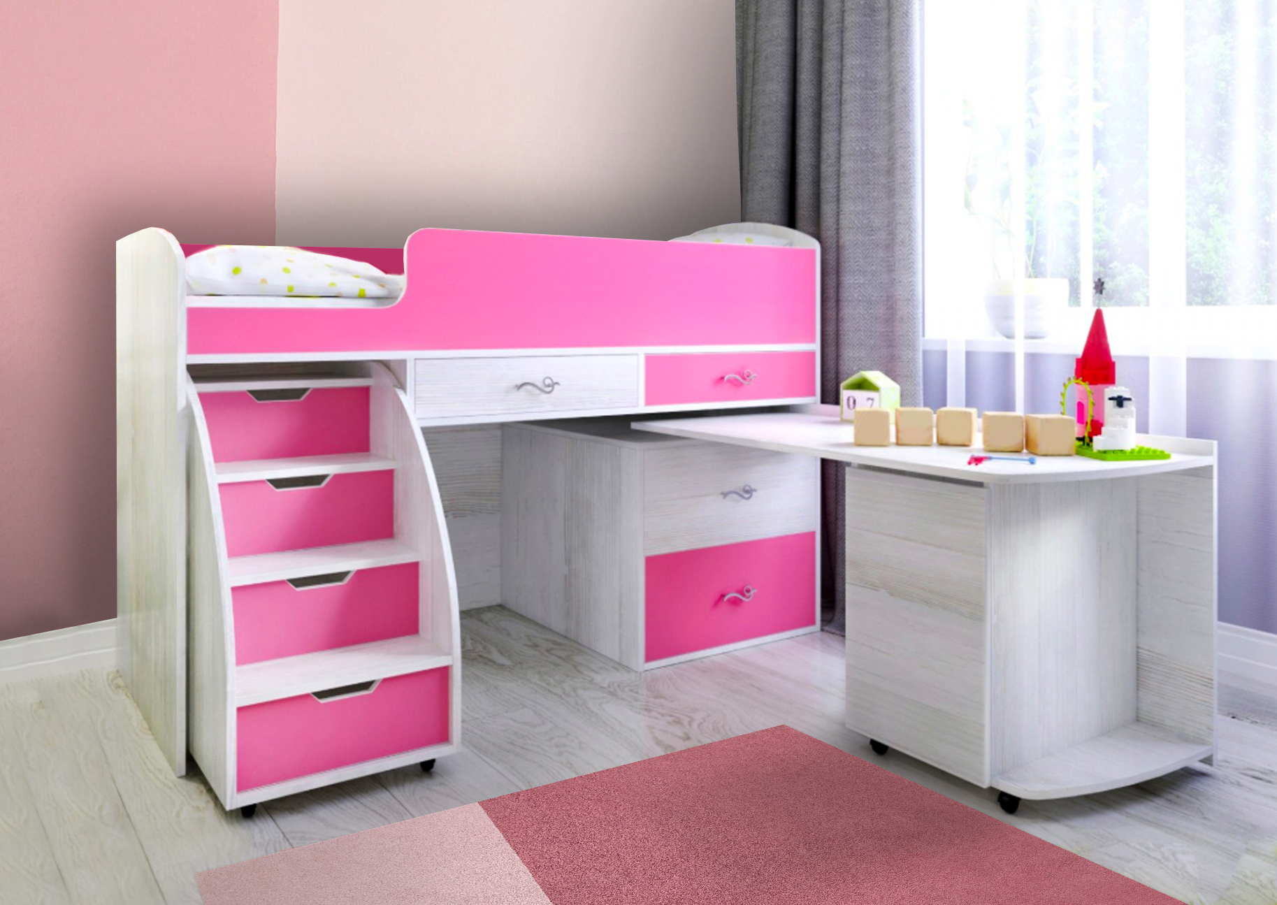 Кровать-чердак Polini Simple с письменным столом и шкафом, белый-серый